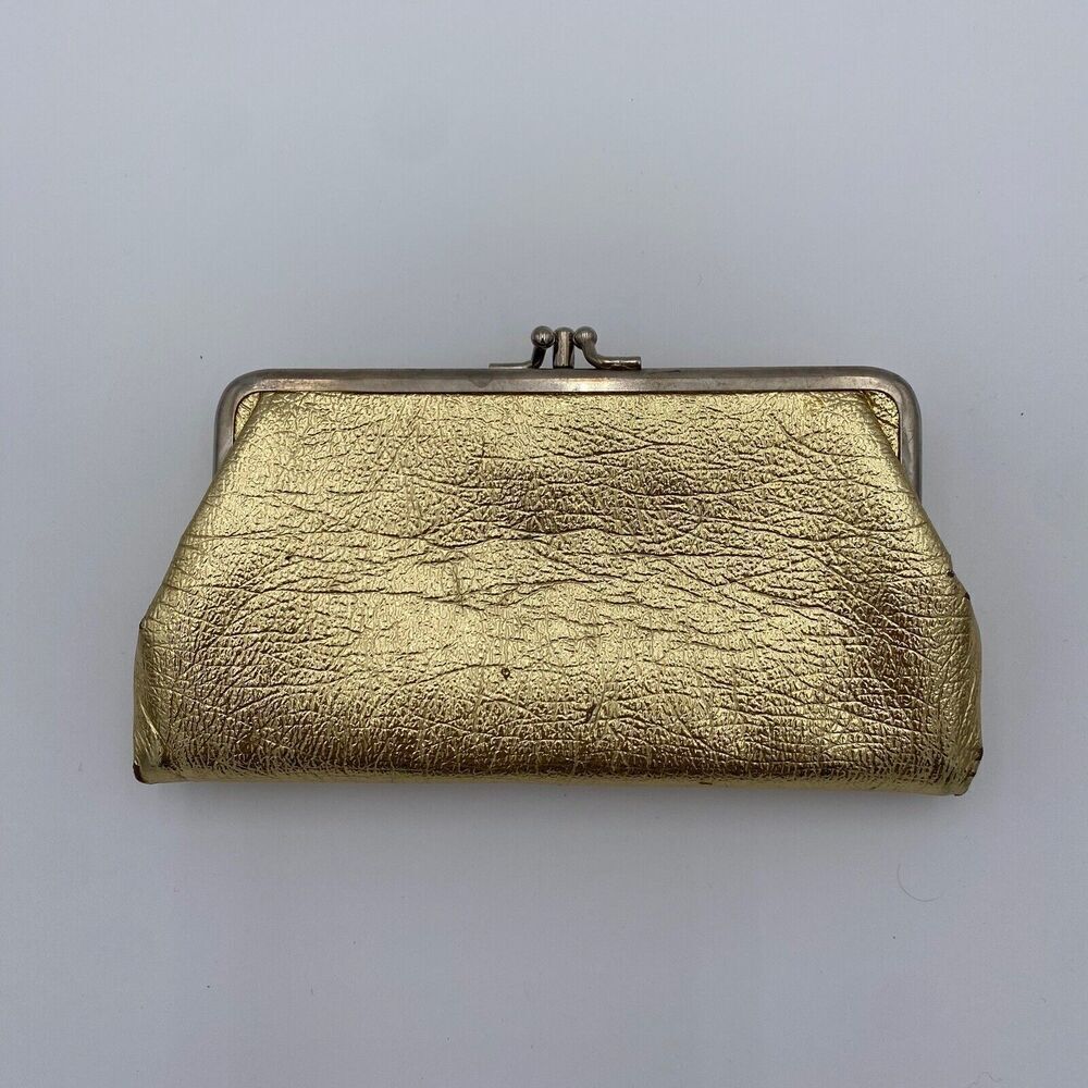 Vintage Gold Shiny Metallic Leather Clutch Pouch Clasp Evening Bag
